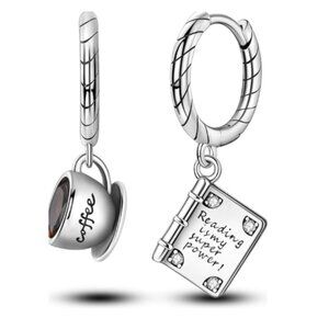 Love Reading  Coffee and Book Hoop 925 Sterling Silver Earrings Cubic Zirconia